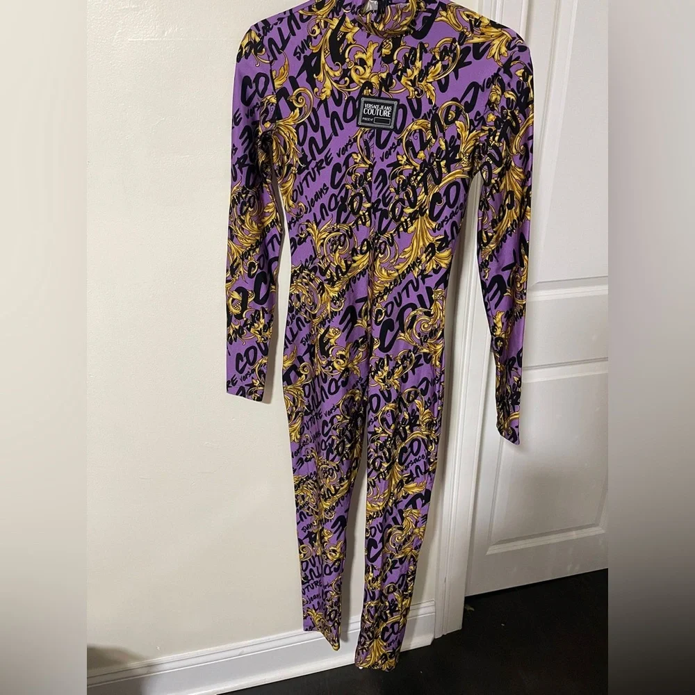 Versace Jeans Collection Purple & Gold Script Baroque Jumpsuit - Picture 1 of 4